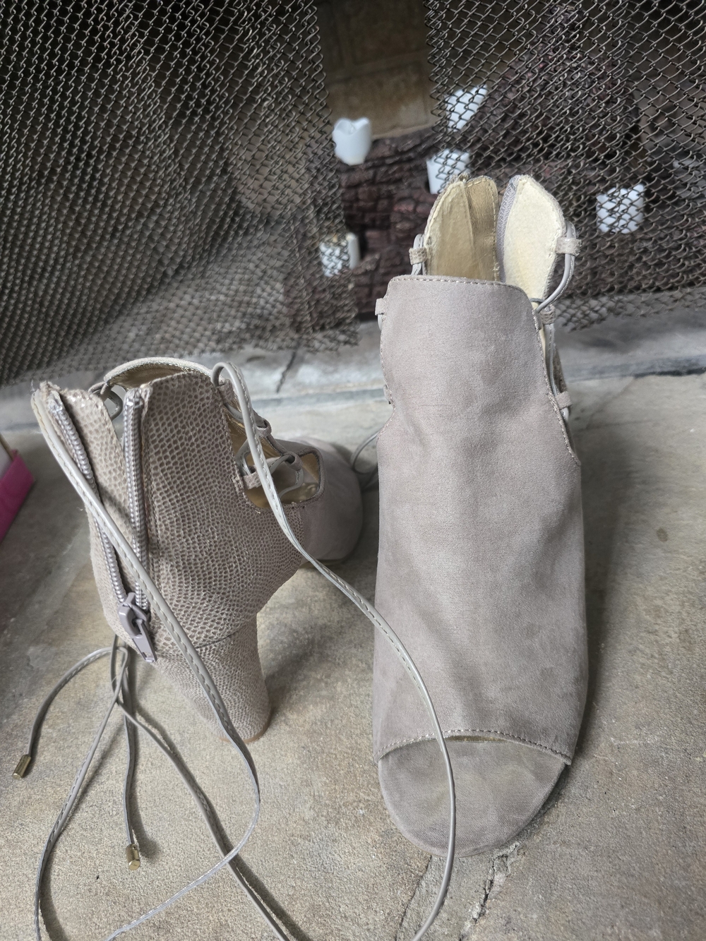 Sugar Taupe Suede Peep-Toe Lace-Up Mules